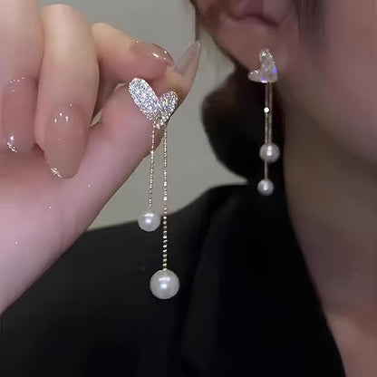 Pearl Heart Drop Tassel Earrings