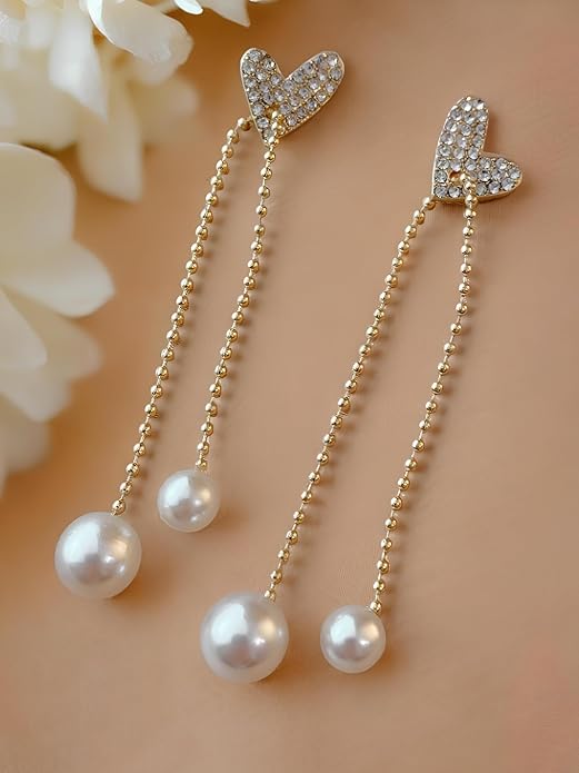 Pearl Heart Drop Tassel Earrings