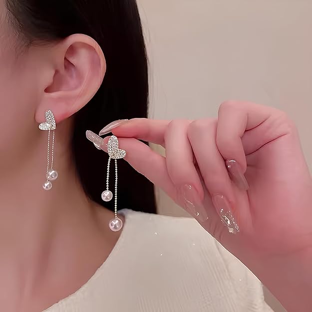 Pearl Heart Drop Tassel Earrings