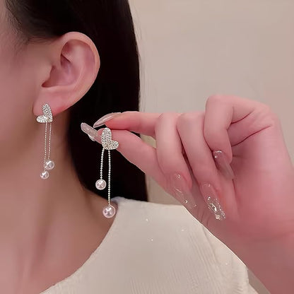 Pearl Heart Drop Tassel Earrings