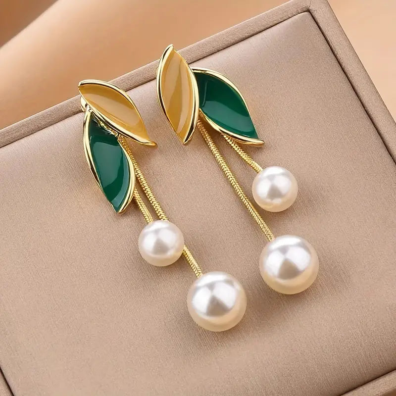 Leaf Pearl Dangler Statement Earrings