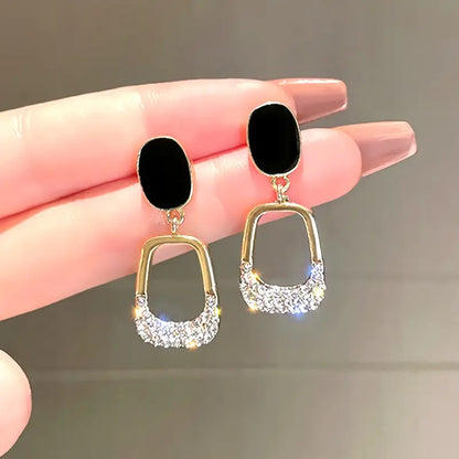 Black-Golden-Geometric Rhinestone Drop Earrings