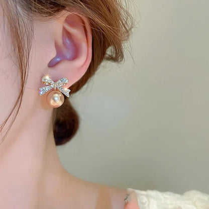 Gold Shiny Bow-Tie Pearl Earrings
