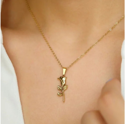 18K GOLD PLATED ROSE STEM PENDANT NECKLACE