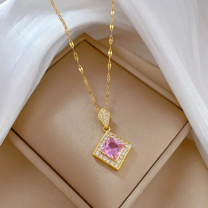 Stainless Steel Square Pink Pendant Necklace