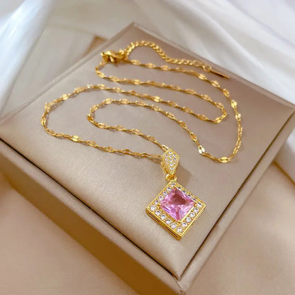Stainless Steel Square Pink Pendant Necklace