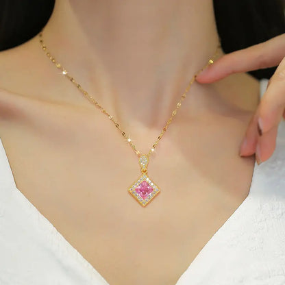 Stainless Steel Square Pink Pendant Necklace