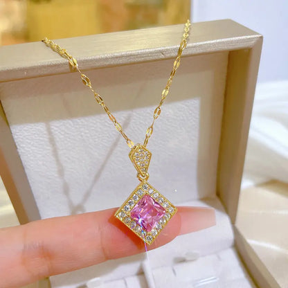 Stainless Steel Square Pink Pendant Necklace