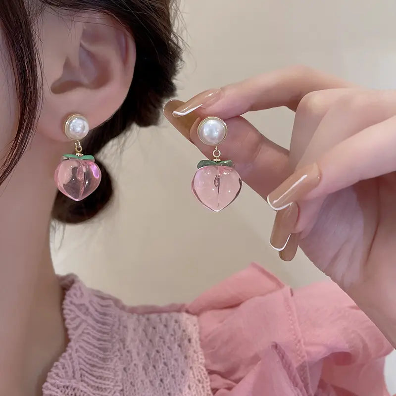 Cute pearl with hanging peach earrings
