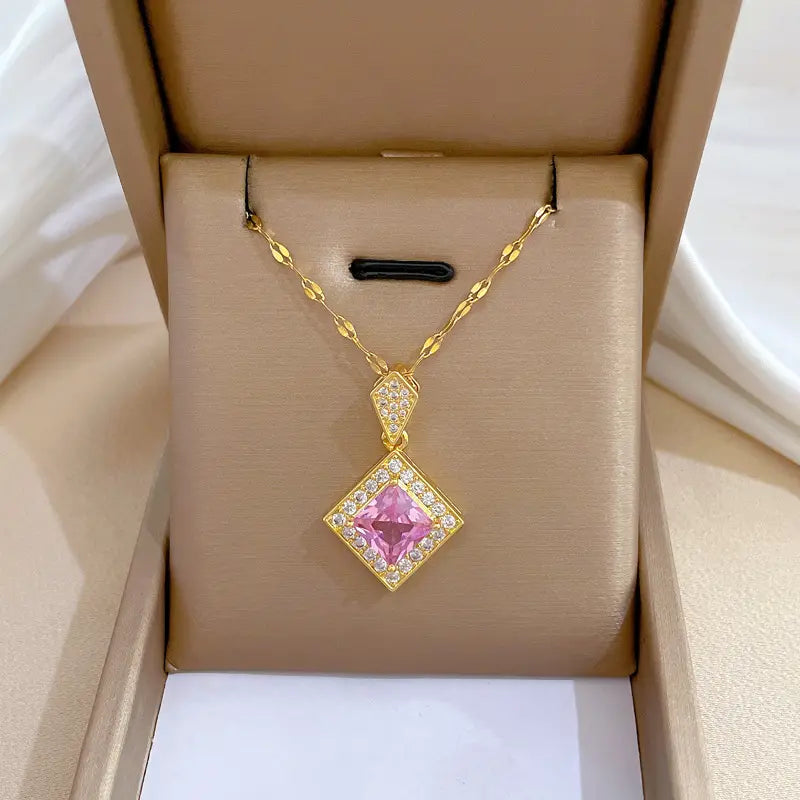 Stainless Steel Square Pink Pendant Necklace