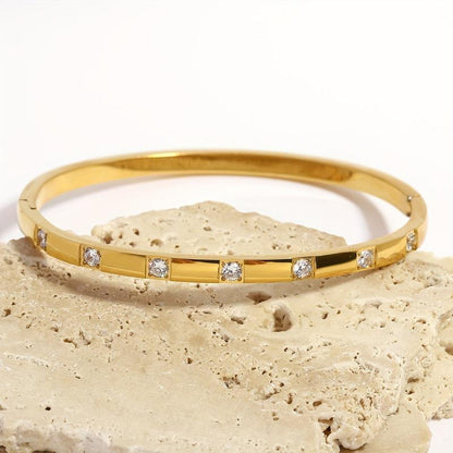 Lisa Stainless Steel 18K Gold Plated Rhinestone Studded Bangle Bracelet