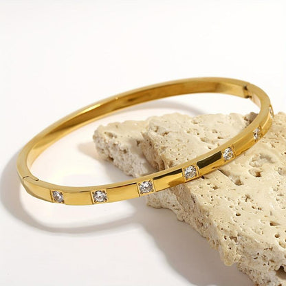 Lisa Stainless Steel 18K Gold Plated Rhinestone Studded Bangle Bracelet