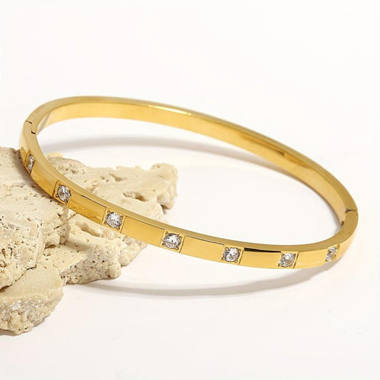 Lisa Stainless Steel 18K Gold Plated Rhinestone Studded Bangle Bracelet