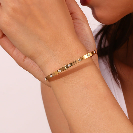 Zircon Studded Thin Sleek 18K Gold Plated Bracelet