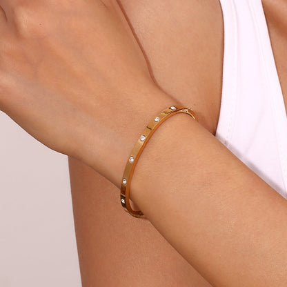 Zircon Studded Thin Sleek 18K Gold Plated Bracelet