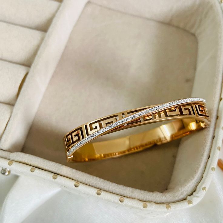 Greek Design Studded Diamond Gold Bangle Bracelet