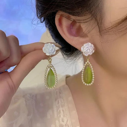 Elegant Soft White Flower Green Drop Earrings