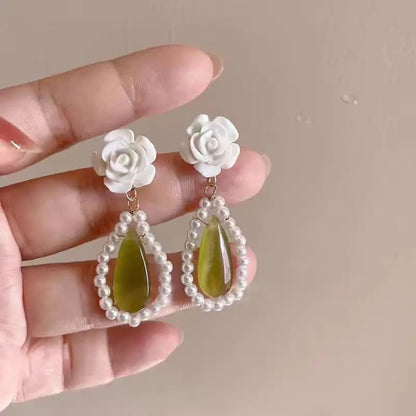 Elegant Soft White Flower Green Drop Earrings