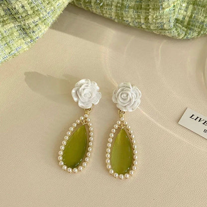Elegant Soft White Flower Green Drop Earrings