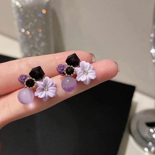 Purple - Crystal Flower Stud Earrings