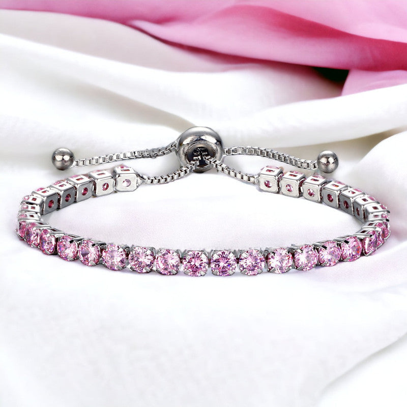 Silver Plated Round Cut Cubic Zirconia Pink Anti Tarnish Tennis Bracelet