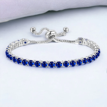 Silver Plated Round Cut Cubic Zirconia Blue Anti Tarnish Tennis Bracelet