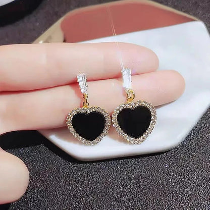 Heart Shaped Black and Crystal Drop Dangle Earrings