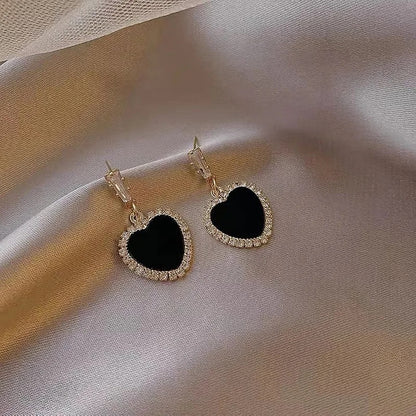 Heart Shaped Black and Crystal Drop Dangle Earrings