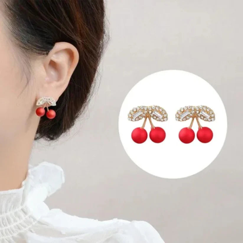 Red Pearl Charm Cherry Earrings