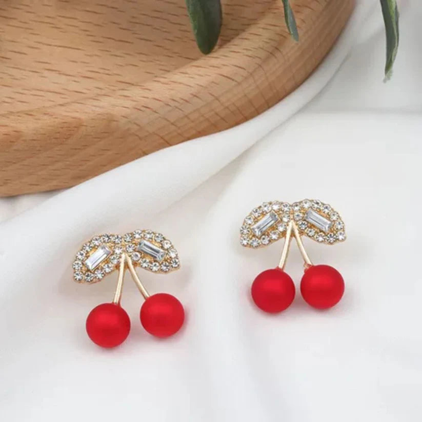Red Pearl Charm Cherry Earrings