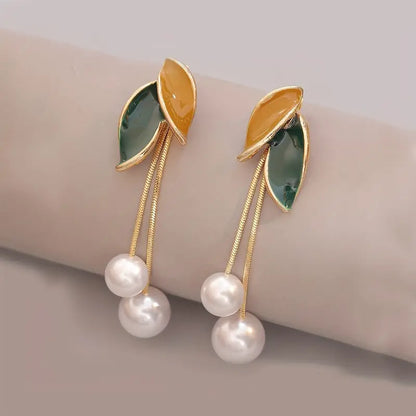 Leaf Pearl Dangler Statement Earrings