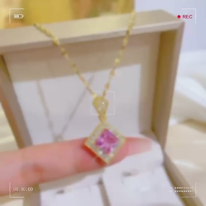 Stainless Steel Square Pink Pendant Necklace